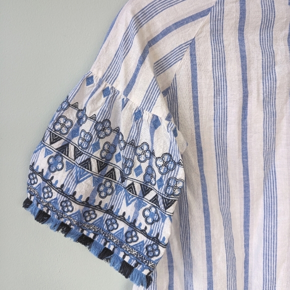 Neiman Marcus Blue & White Striped Boho Fringe Embroidered Sleeve Dress - Picture 7 of 7